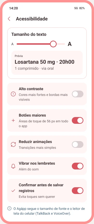 Configurações de acessibilidade com tamanho do texto, alto contraste, botões maiores e outras opções