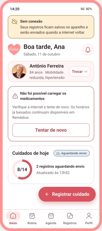 Tela inicial sem conexão com aviso de registros salvos no aparelho e erro ao carregar medicamentos